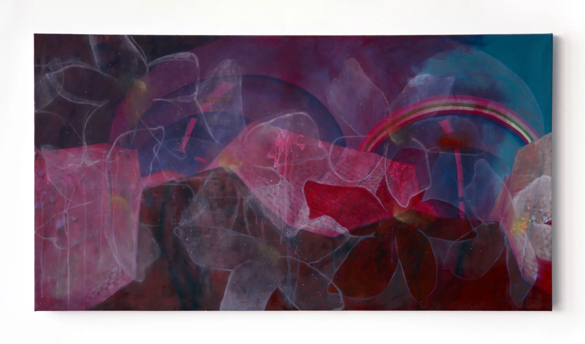 Fleurs translucides superposées et abstraites en magenta, violet et rouge — acrylique et huile sur toile.