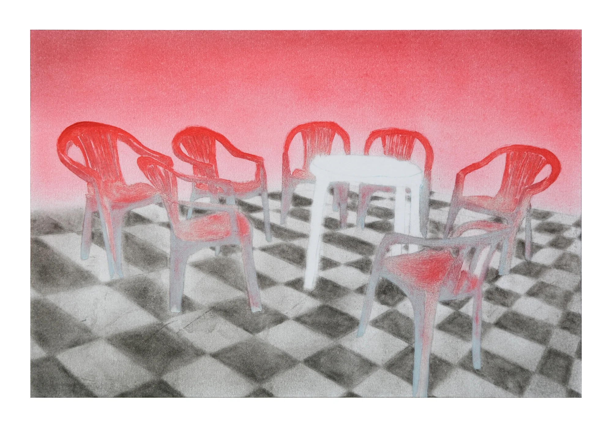 Œuvre au pastel sec et à l'huile : des chaises en plastique rouges vides autour d'une table blanche sur un sol carrelé noir et blanc, sous un ciel rouge.
