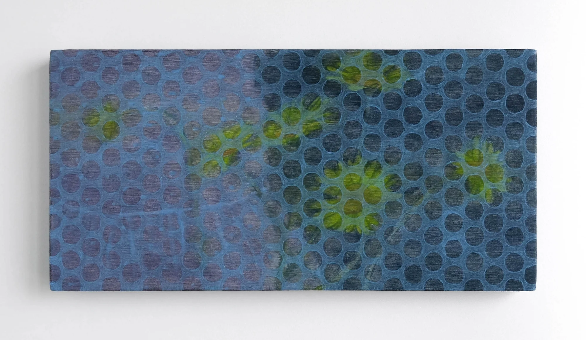Peinture de fleurs jaunes affleurant sous un champ bleu nuit de cercles en pointillé, comme des fleurs derrière un verre dépoli.