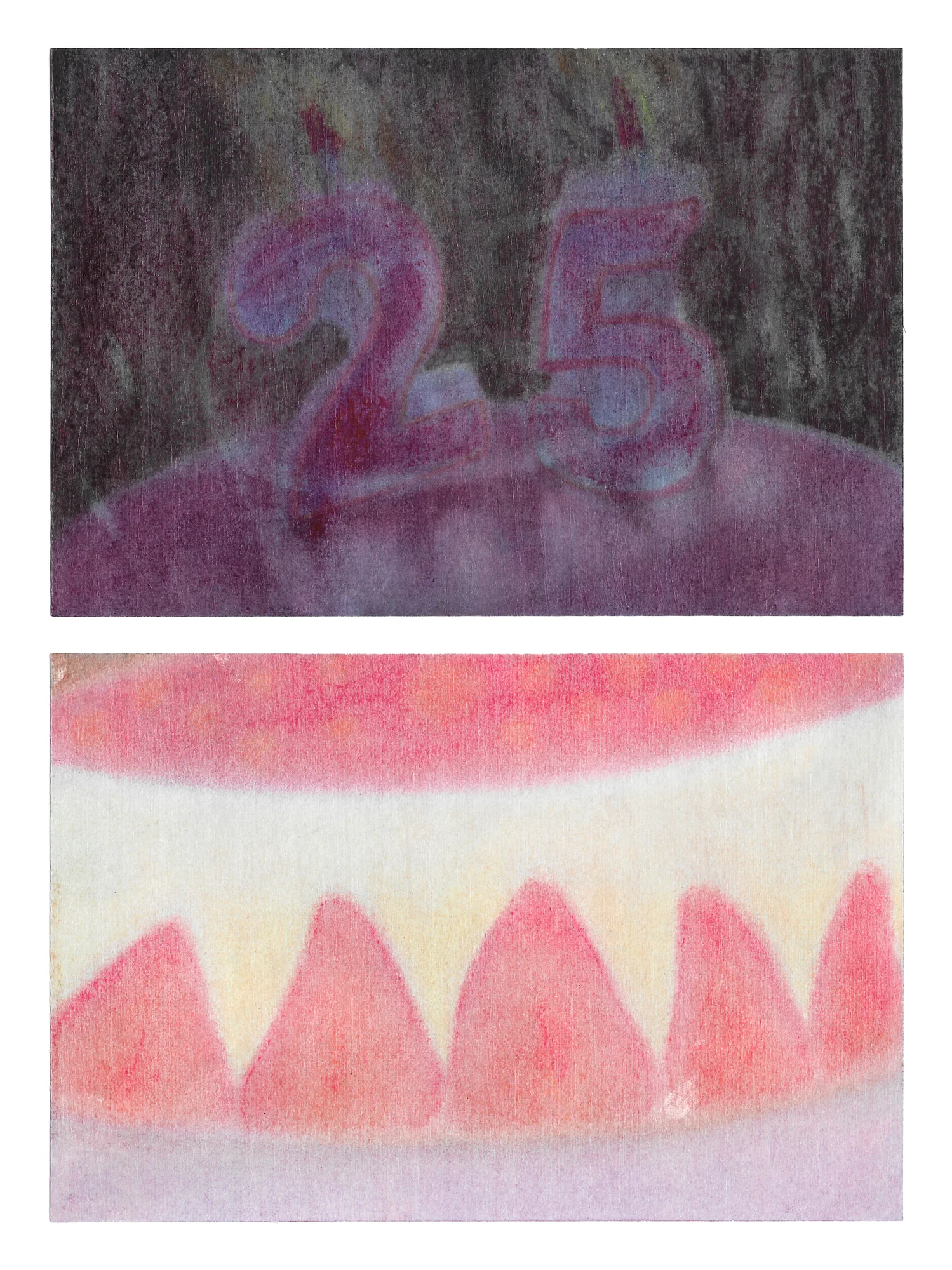 Dessin au pastel en deux parties : des bougies « 25 » sur un gâteau prune sombre, au-dessus d'un gros plan de gâteau à la crème bordé de fraises.