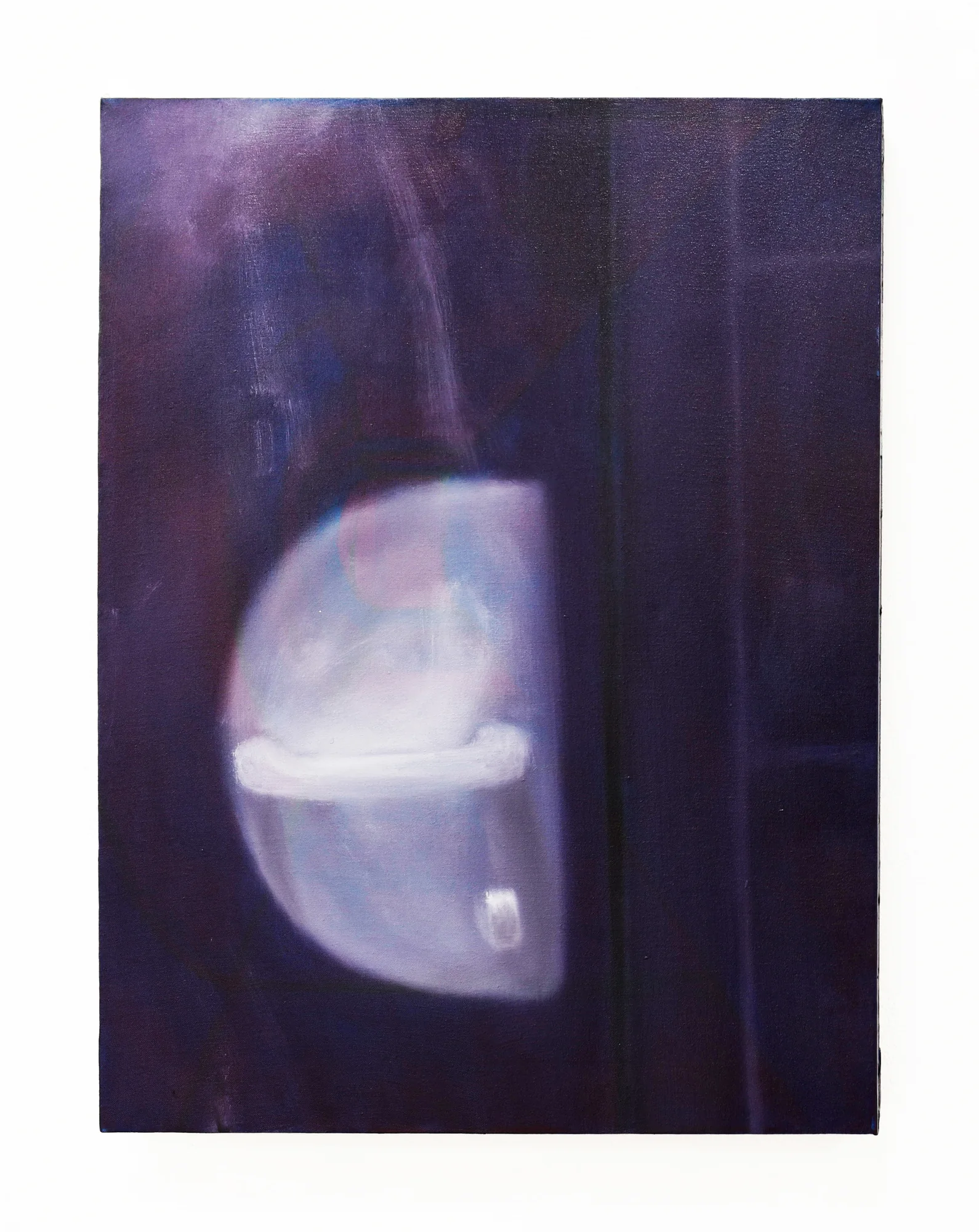 Peinture à l'huile d'une poignée de porte pâle et lumineuse émergeant d'une obscurité bleu nuit.