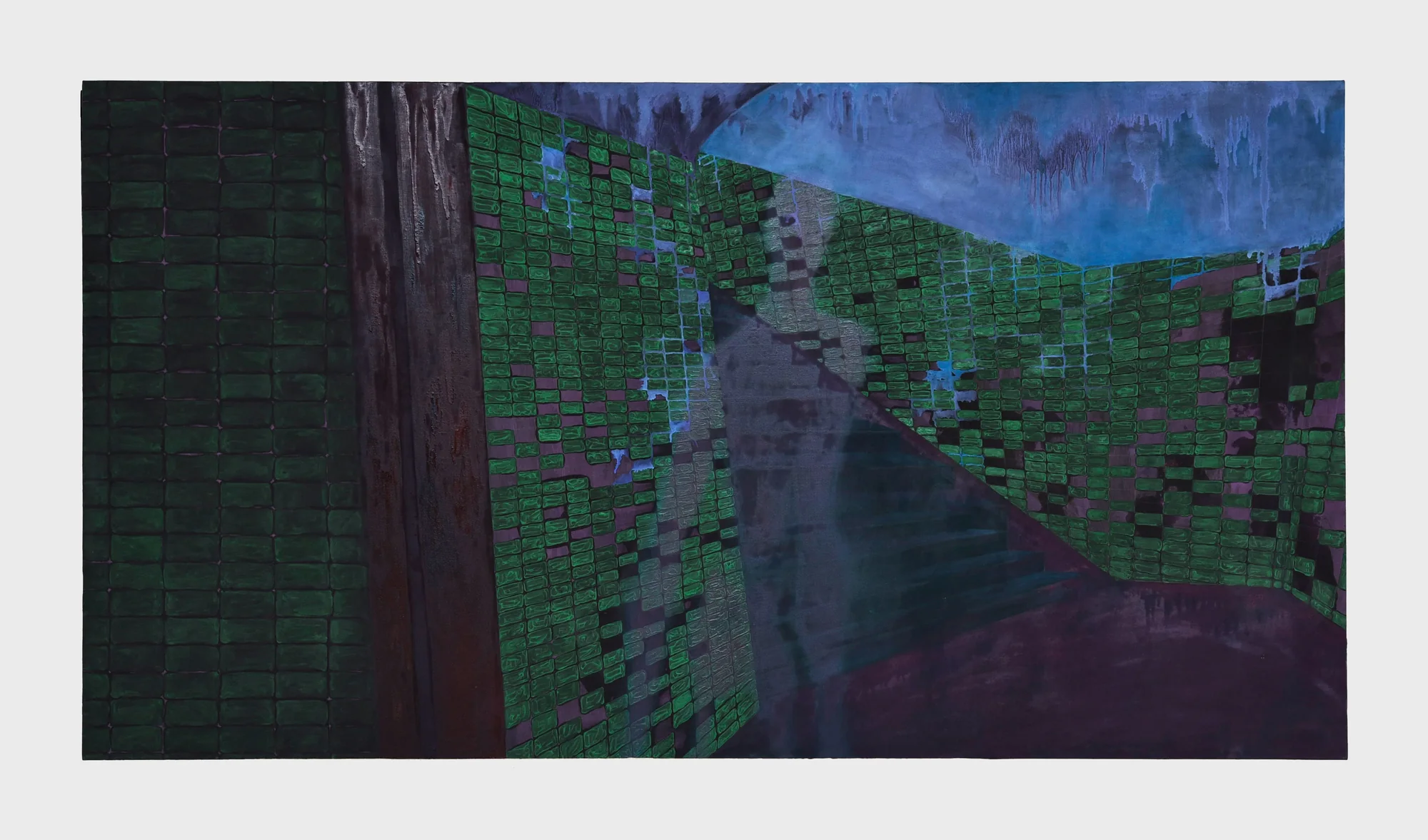 Peinture à l'huile d'un chemin traversant des murs de carreaux verts en mosaïque sous un ciel violet.